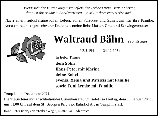 Traueranzeige von Waltraud Bähn von Uckermark Kurier Templiner Zeitung
