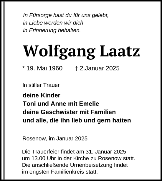 Traueranzeige von Wolfgang Laatz von Nordkurier Neubrandenburger Zeitung