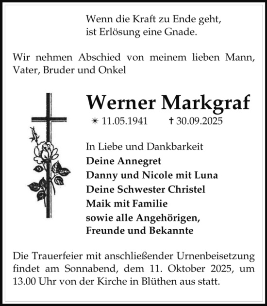 Traueranzeige von Werner Markgraf von Der Prignitzer, Prignitz Express