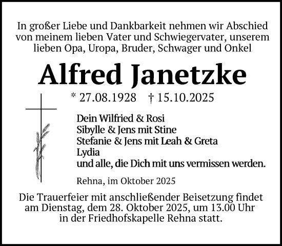 Traueranzeige von Alfred Janetzke von Gadebusch - Rehnaer Zeitung