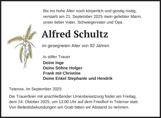 Traueranzeige von Alfred Schultz von Nordkurier Mecklenburger Schweiz