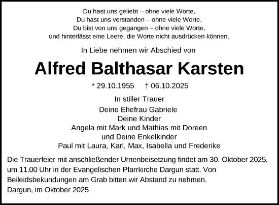 Traueranzeige von Alfred Balthasar Karsten von Nordkurier Mecklenburger Schweiz