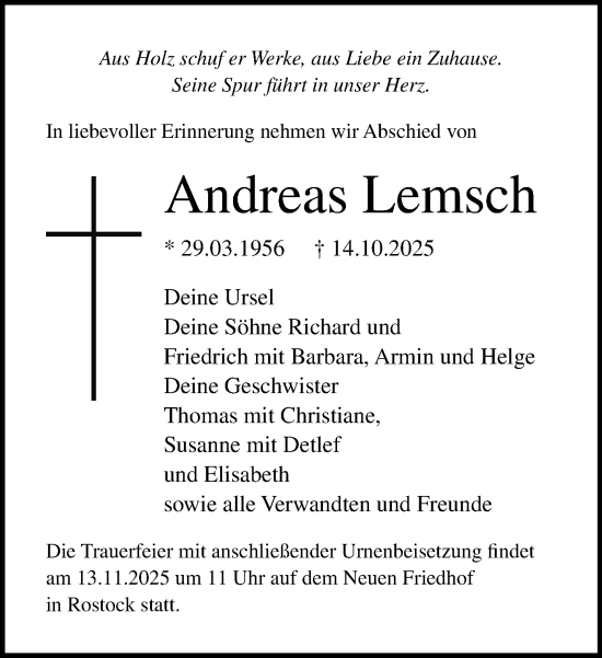 Traueranzeige von Andreas Lemsch von Norddeutsche Neueste Nachrichten