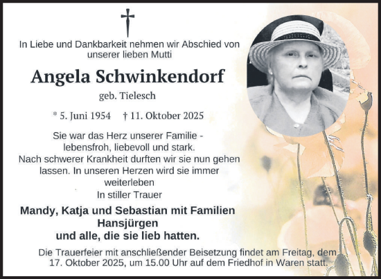 Traueranzeige von Angela Schwinkendorf von Nordkurier Müritz-Zeitung