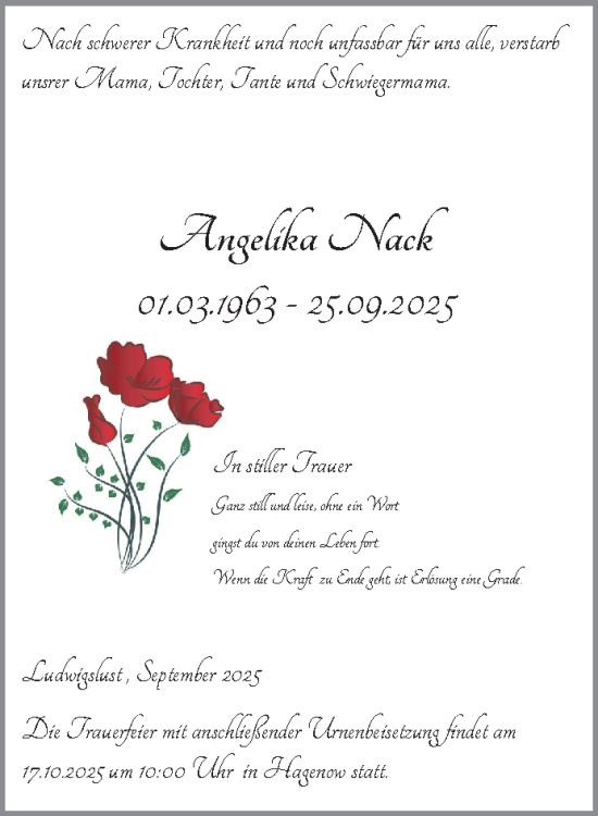 Traueranzeige von Angelika Nack von Ludwigsluster Tageblatt