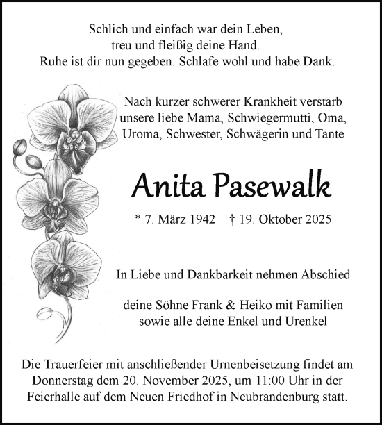 Traueranzeige von Anita Pasewalk von Nordkurier Neubrandenburger Zeitung