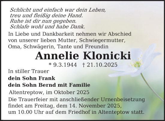 Traueranzeige von Annelie Klonicki von Nordkurier Neubrandenburger Zeitung