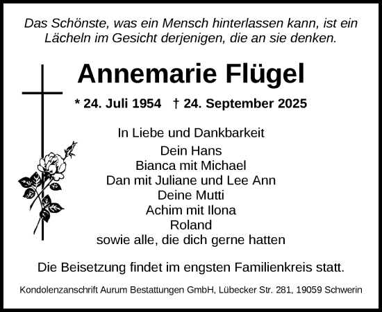 Traueranzeige von Annemarie Flügel von Parchim und Lübz