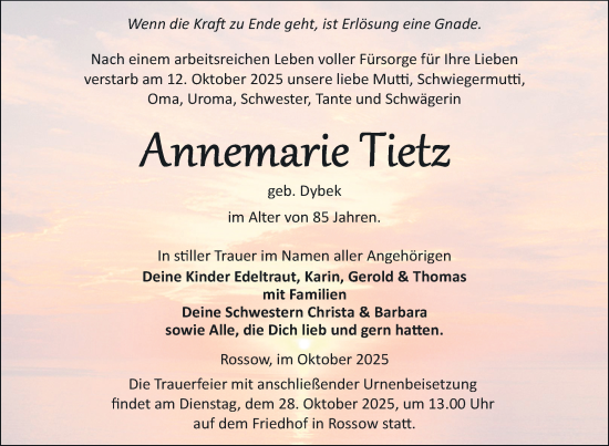 Traueranzeige von Annemarie Tietz von Nordkurier Neubrandenburger Zeitung