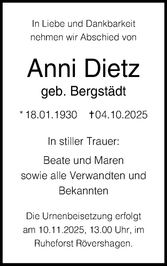 Traueranzeige von Anni Dietz von Norddeutsche Neueste Nachrichten