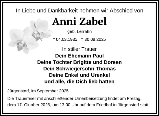 Traueranzeige von Anni Zabel von Nordkurier Mecklenburger Schweiz