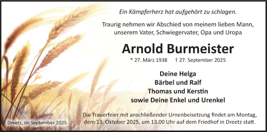 Traueranzeige von Arnold Burmeister von Güstrow und Bützow