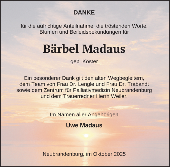 Traueranzeige von Bärbel Madaus von Nordkurier Neubrandenburger Zeitung