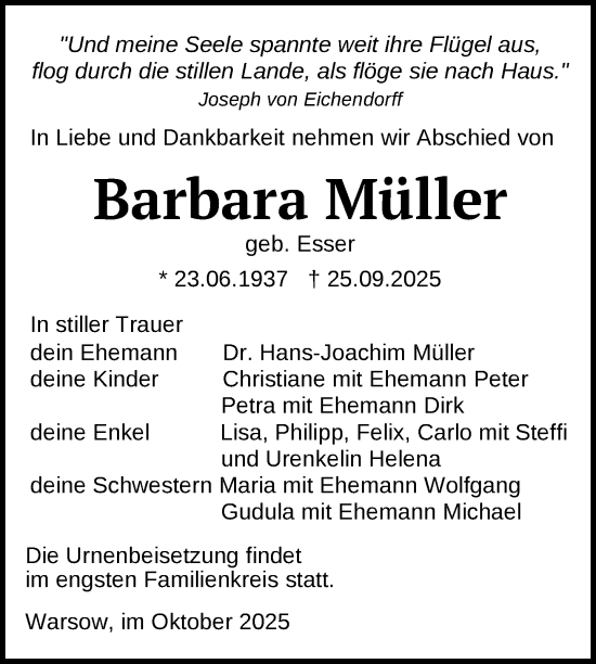 Traueranzeige von Barbara Müller von Nordkurier Mecklenburger Schweiz