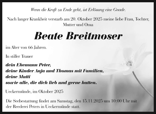 Traueranzeige von Beate Breitmoser von Nordkurier Haff-Zeitung