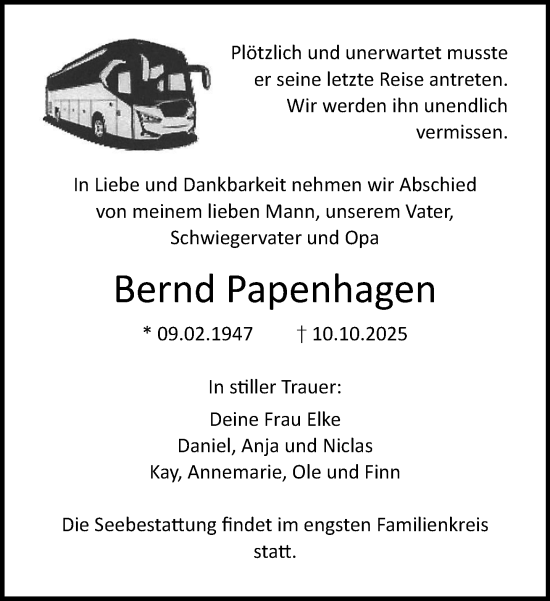 Traueranzeige von Bernd Papenhagen von Norddeutsche Neueste Nachrichten