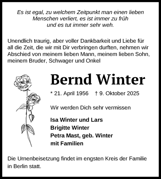 Traueranzeige von Bernd Winter von Nordkurier Mecklenburger Schweiz