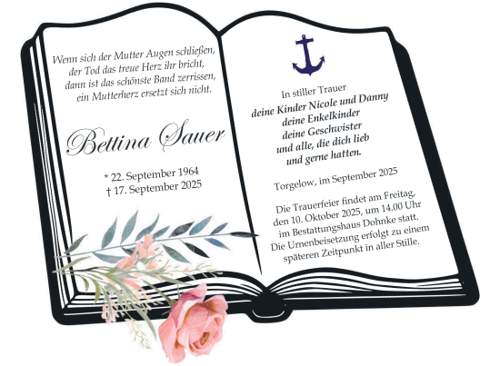 Traueranzeige von Bettina Sauer von Nordkurier Haff-Zeitung