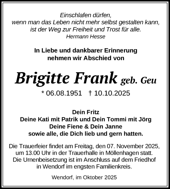 Traueranzeige von Brigitte Frank von Nordkurier Müritz-Zeitung