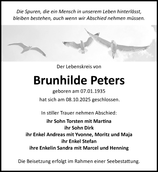 Traueranzeige von Brunhilde Peters von Norddeutsche Neueste Nachrichten