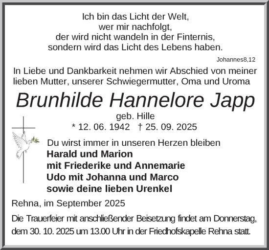 Traueranzeige von Brunhilde Hannelore Japp von Gadebusch - Rehnaer Zeitung