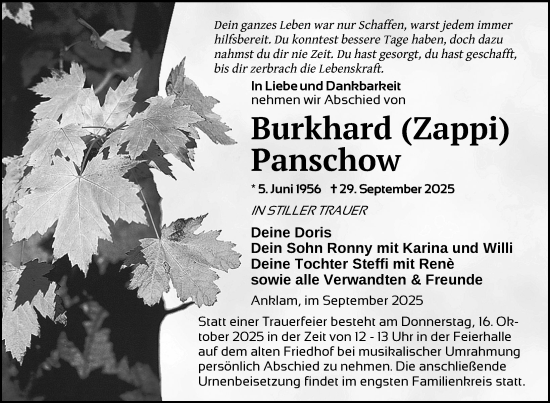 Traueranzeige von Burkhard Panschow von Nordkurier Vorpommern Kurier