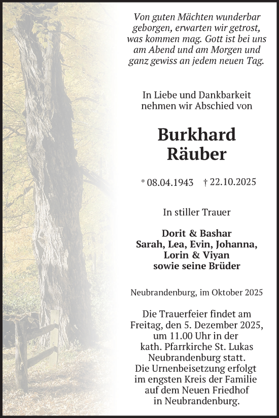 Traueranzeige von Burkhard Räuber von Nordkurier Neubrandenburger Zeitung