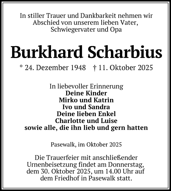 Traueranzeige von Burkhard Scharbius von Nordkurier Pasewalker Zeitung