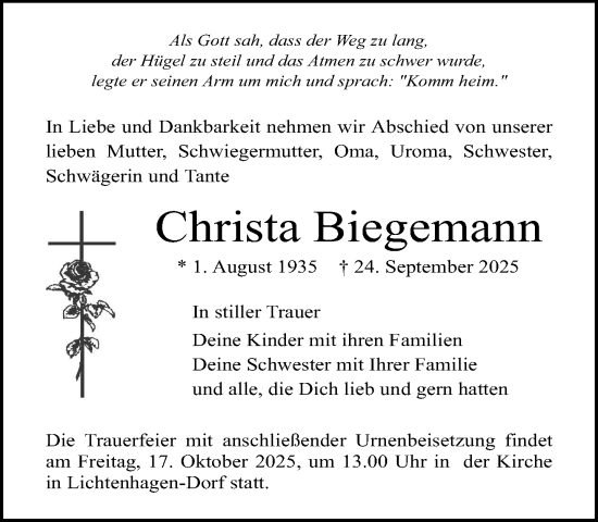 Traueranzeige von Christa Biegemann von Norddeutsche Neueste Nachrichten