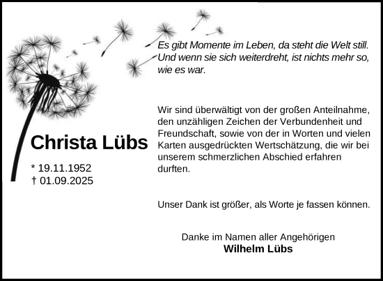 Traueranzeige von Christa Lübs von Nordkurier Mecklenburger Schweiz