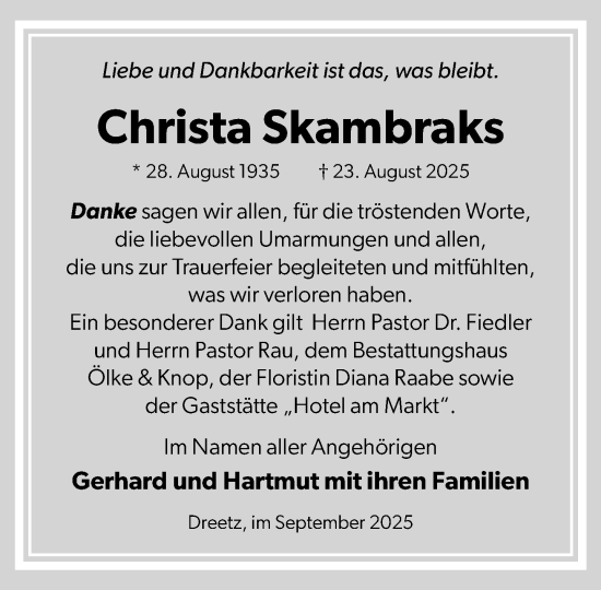 Traueranzeige von Christa Skambraks von Güstrow und Bützow