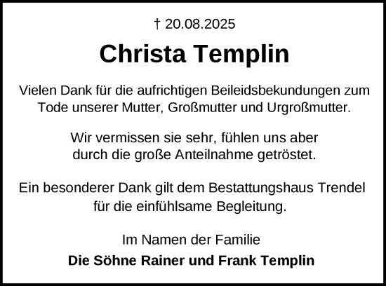 Traueranzeige von Christa Templin von Zeitung für die Landeshauptstadt