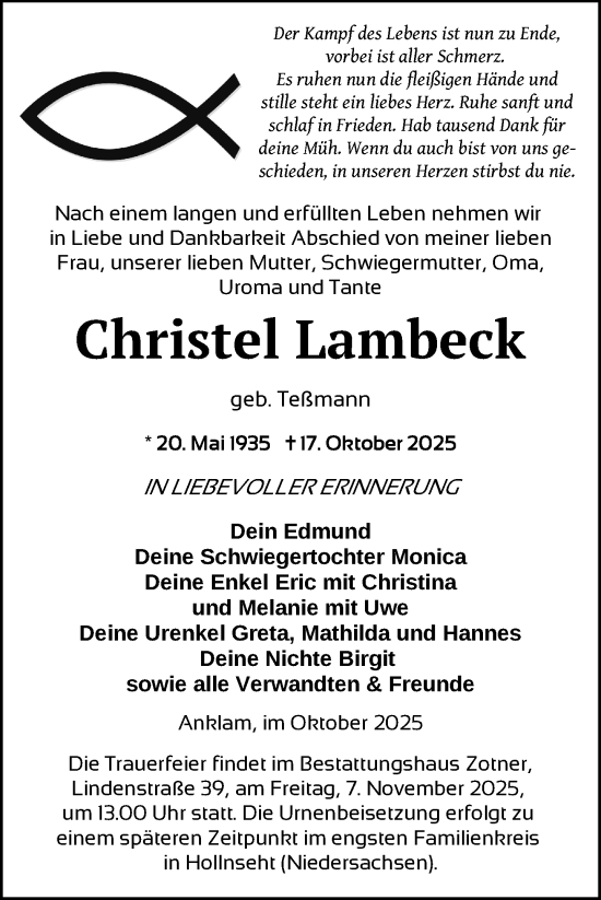 Traueranzeige von Christel Lambeck von Nordkurier Vorpommern Kurier