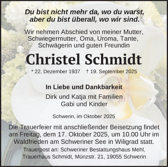 Traueranzeige von Christel Schmidt von Zeitung für die Landeshauptstadt