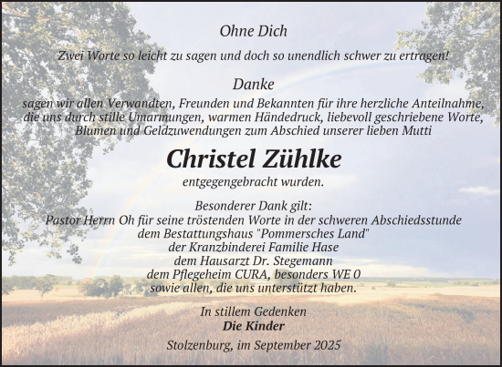 Traueranzeige von Christel Zühlke von Nordkurier Pasewalker Zeitung