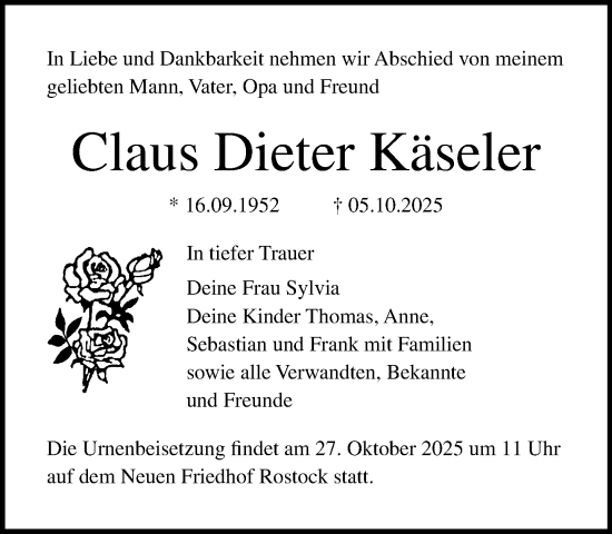 Traueranzeige von Claus Dieter Käseler von Norddeutsche Neueste Nachrichten