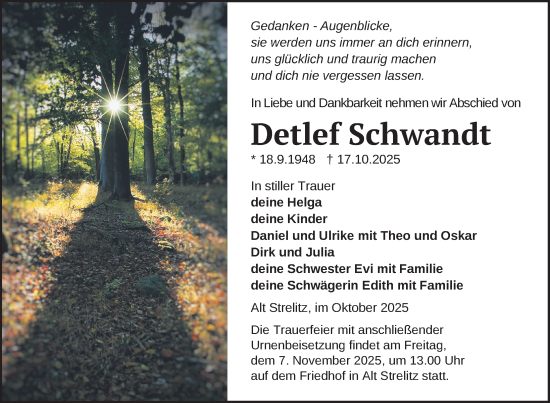 Traueranzeige von Detlef Schwandt von Nordkurier Grosso