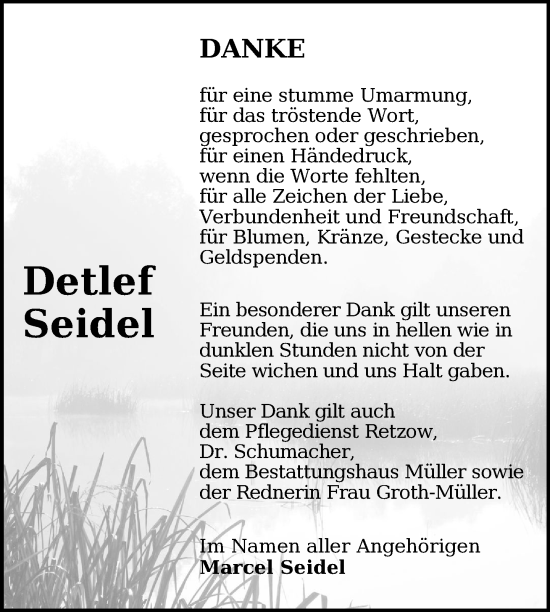 Traueranzeige von Detlef Seidel von Uckermark Kurier Templiner Zeitung