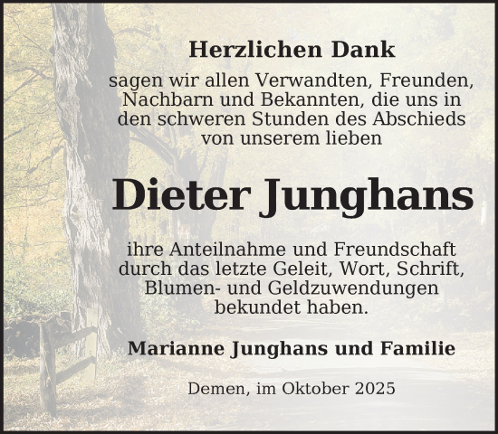 Traueranzeige von Dieter Junghans von Zeitung für die Landeshauptstadt