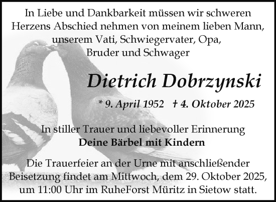 Traueranzeige von Dietrich Dobrzynski von Nordkurier Müritz-Zeitung