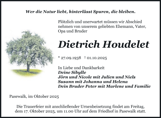 Traueranzeige von Dietrich Houdelet von Nordkurier Pasewalker Zeitung