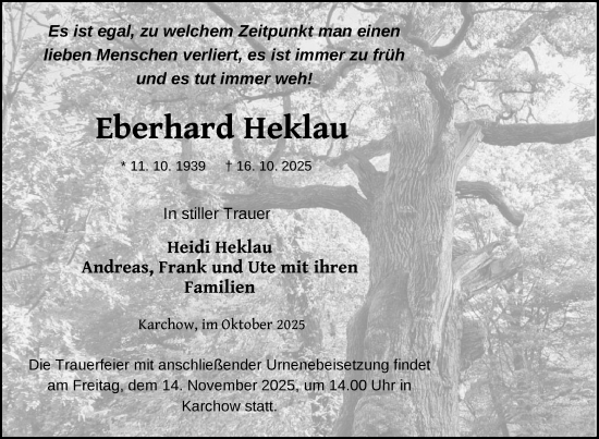 Traueranzeige von Eberhard Heklau von Nordkurier Müritz-Zeitung