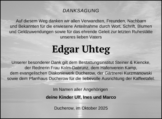 Traueranzeige von Edgar Uhteg von Nordkurier Vorpommern Kurier