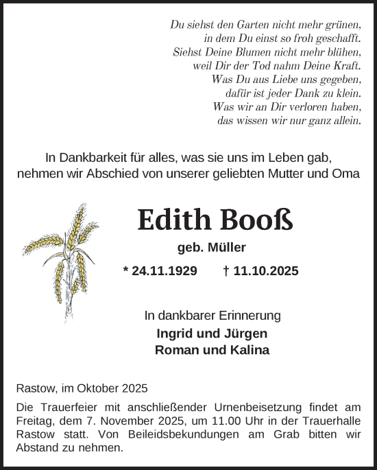Traueranzeige von Edith Booß von Zeitung für die Landeshauptstadt