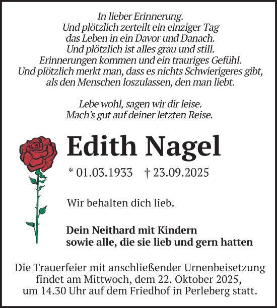 Traueranzeige von Edith Nagel von Der Prignitzer