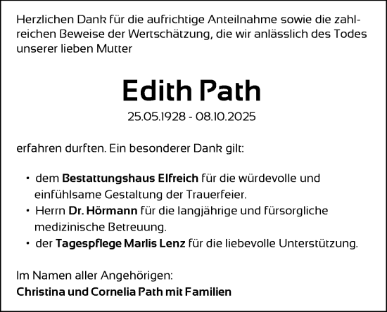 Traueranzeige von Edith Path von Der Prignitzer, Prignitz Express