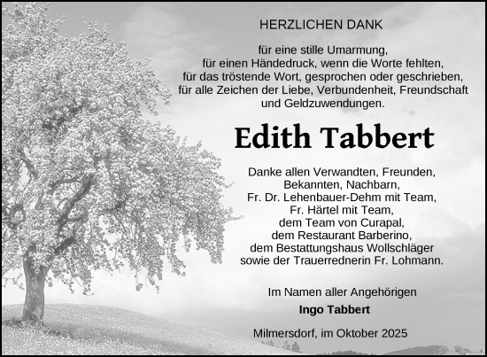 Traueranzeige von Edith Tabbert von Uckermark Kurier Templiner Zeitung