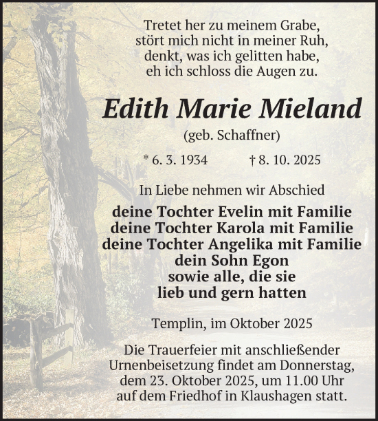 Traueranzeige von Edith Marie Mieland von Uckermark Kurier Templiner Zeitung