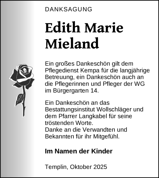 Traueranzeige von Edith Marie Mieland von Uckermark Kurier Templiner Zeitung