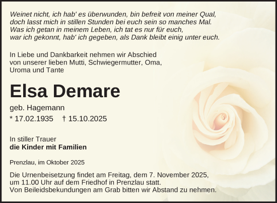 Traueranzeige von Elsa Demare von Uckermark Kurier Prenzlauer Zeitung